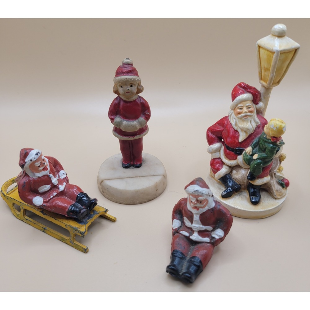 Vintage German Santa Claus Figurine Lot Christmas Decor Sled Girl Marble Base